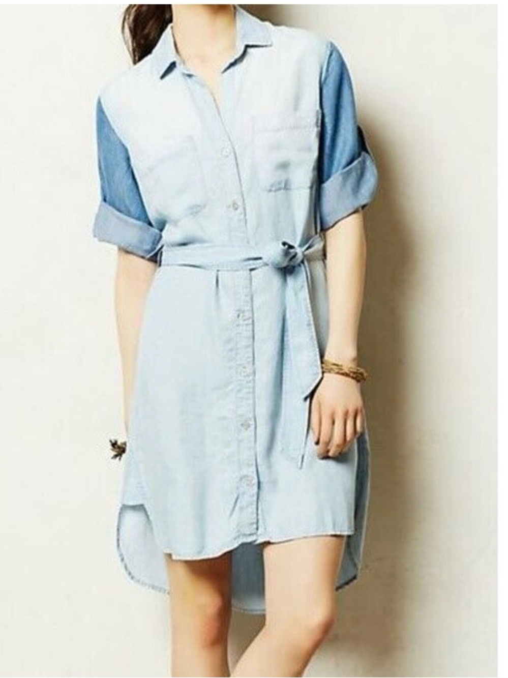 Cloth & Stone by Anthropologie Two-Tone Light Blue Denim Shirt Dress